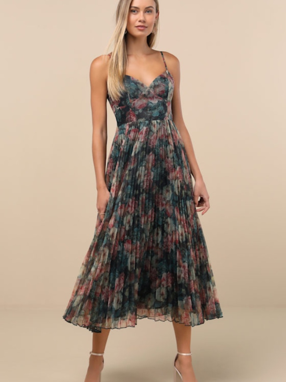 Lulus Alondra Dark Green Multi Floral Pleated Midi Dress - Size S